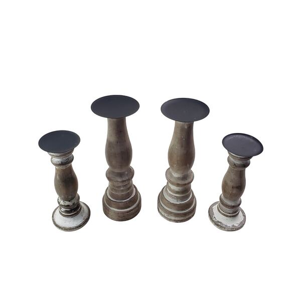 Pillar Whitewash Distressed Wood Candle Holders Set of 4 Farmhouse Decor Style - Picture 2 of 8